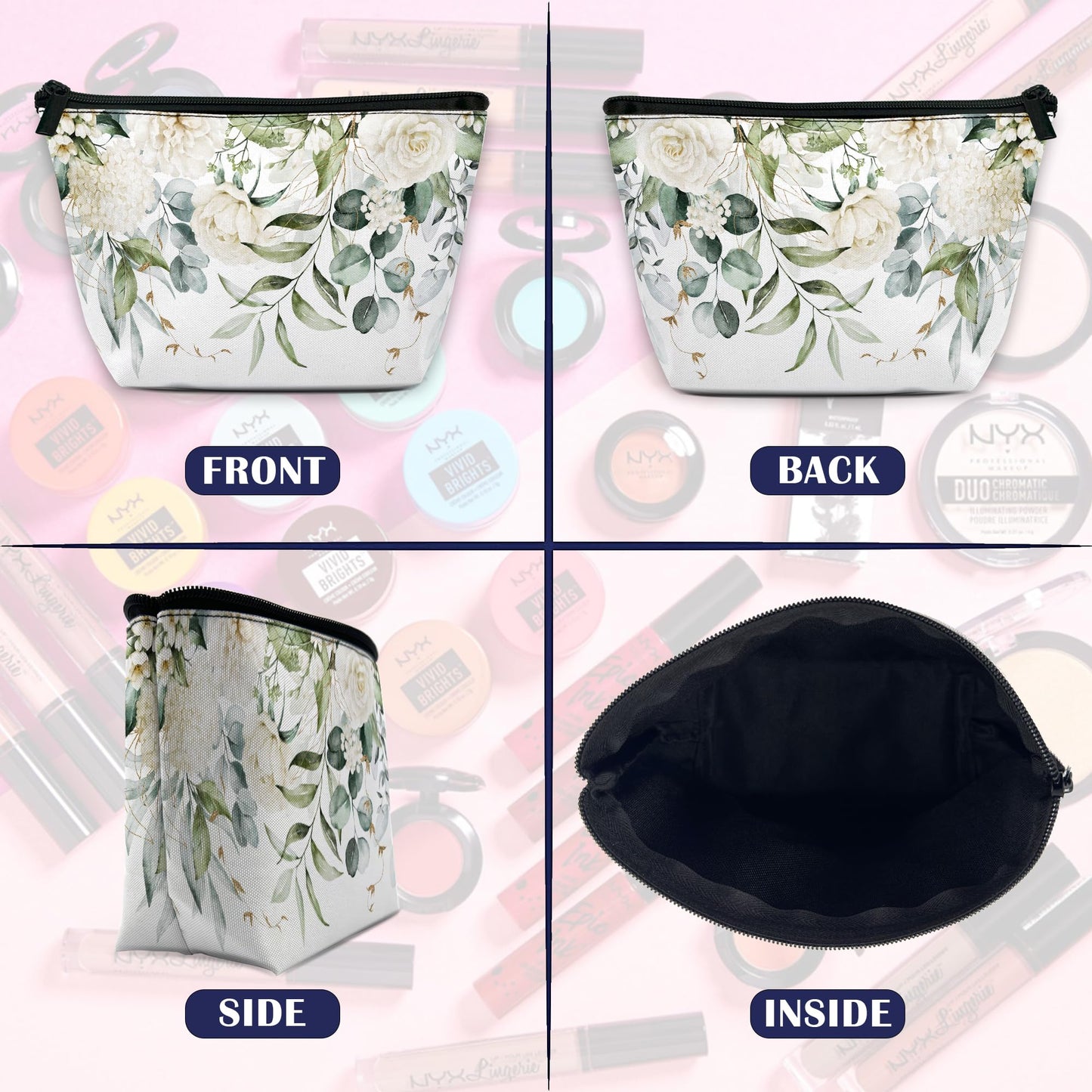 DEMACYA White Flowers Green Leaves Makeup Bag for Purse, Waterproof Funny Cosmetic Bag for Women, Zipper Travel Toiletry Pouch Gift 9.5×5.9 Inch