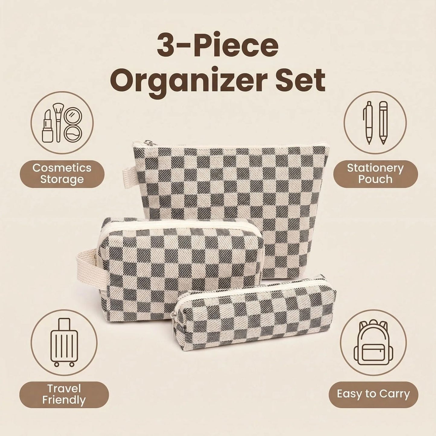 Beayuva 3 Pcs Canvas Makeup Bag Set Checkered Cosmetic Pouch for Women Travel Toiletry Bag Cute Makeup Organizer Purse Pouch Preppy Pencil Case with Zipper (Checkered Black)