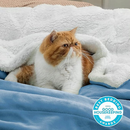Bedsure GentleSoft Sherpa Fleece Throw Blanket Twin Size for Couch - Thick and Warm Throw for Men, Soft Fuzzy Plush Twin Blanket for Winter, Washed Blue, 60x80 Inches