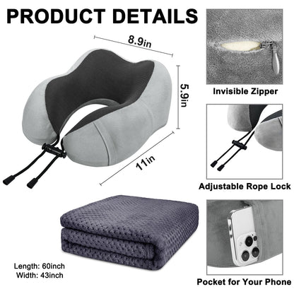 urnexttour Travel Pillow and Blanket Set Neck Pillow Airplane Memory Foam for Traveling Compact with Bag Grey
