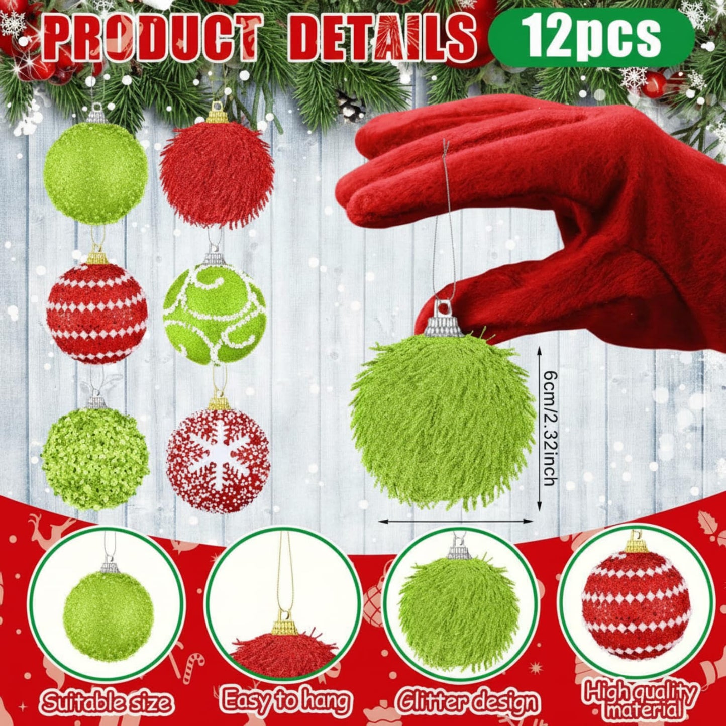 Syhood 12 Pcs 2.4 Inch Lime Green and Red Christmas Ball Ornament Set Shatterproof Xmas Ornament Glitter Foam Christmas Balls Decorative Hanging Ornaments Tree Decoration for Xmas Holiday