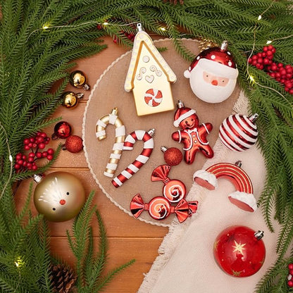 Alupssuc 65pcs Christmas Balls Ornaments Set, Shatterproof Plastic Baubles Gingerbread House, and Tree Topper for Xmas Tree Holiday Wedding Party Decorations with Hanging Strings, Gold & Red, White