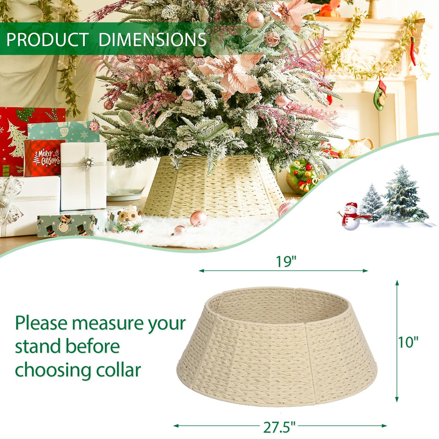 Joyhalo Christmas Tree Collar, 27.5" Tree Skirt Collar for Pencil Tree, Handwoven White Xmas Tree Collar, Woven Xmas Tree Ring, Christmas Tree Base Cover