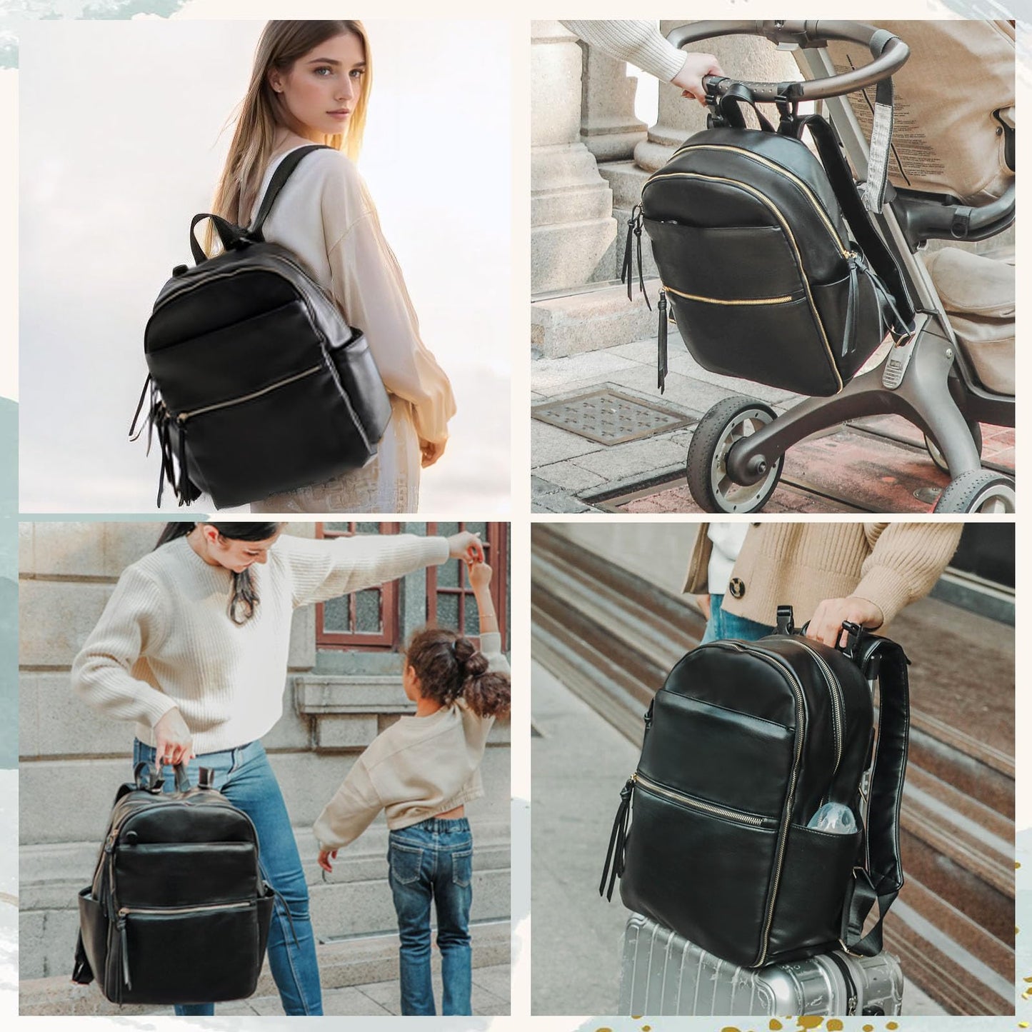 MOMINSIDE Diaper Bag Backpack Leather Diaper Bag with 6 Insulated Pockets, Baby Bag for Mom Dad, Baby Registry, Changing Pad, Stroller Straps,Diaper Backpack Diaper Bag Leather (Black)