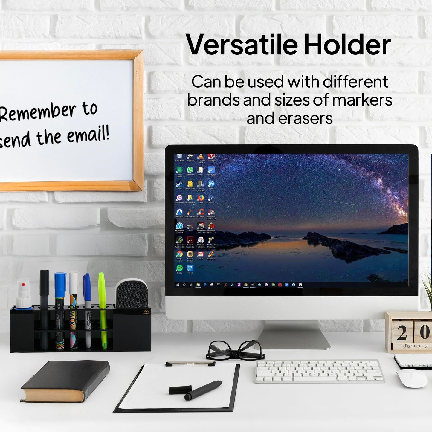 Slim Magnetic Dry Erase Marker Holder for Whiteboard, Space Saving Pen Organizer with Glass and Wall Mount Accessories for Fridge, Office, and School. Markers, Eraser, Cleaner Not Included (Black)