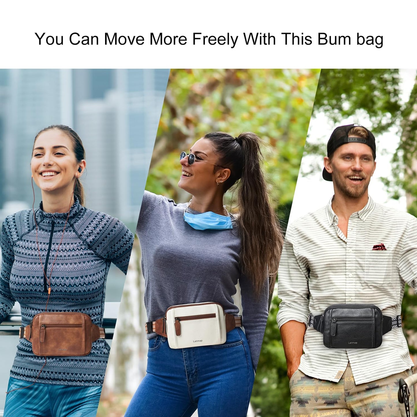 LATMAP 3L TRIPLE ZIP Fanny Packs Belt Bag For Women Men Crossbody Waist Pack Sling Chest Bum Travel Bag Purse Faux Leather Fashion Cute Brown