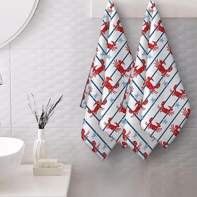 Cute Crabs Coastal Hand Towels for Bathroom Decorative Set of 2 Absorbent Nautical Bath Towels Gifts Beach Spa Yoga Swim Gym Home Farmhouse Kitchen Summer Ocean Themed Bathroom Decor 14"x28"