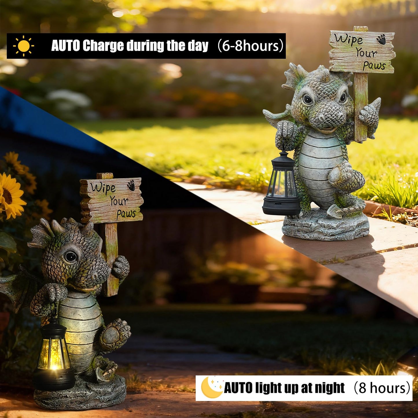 Joint Honglin Solar Dragon Garden Statue with Hanging Lantern - Cute Welcome Sign, Waterproof Resin Dinosaur Figurine, Outdoor Yard Decor for Front Door, Porch, Patio, Dog Pet Lover Gift