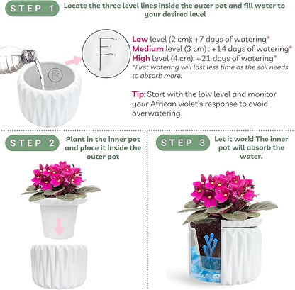 6 inch Self Watering Pot for Indoor Plants, African Violet Pot Ceramic, Flowers Planter (4 inch Opening), Holds 3 Weeks of Water (2 Pack White)