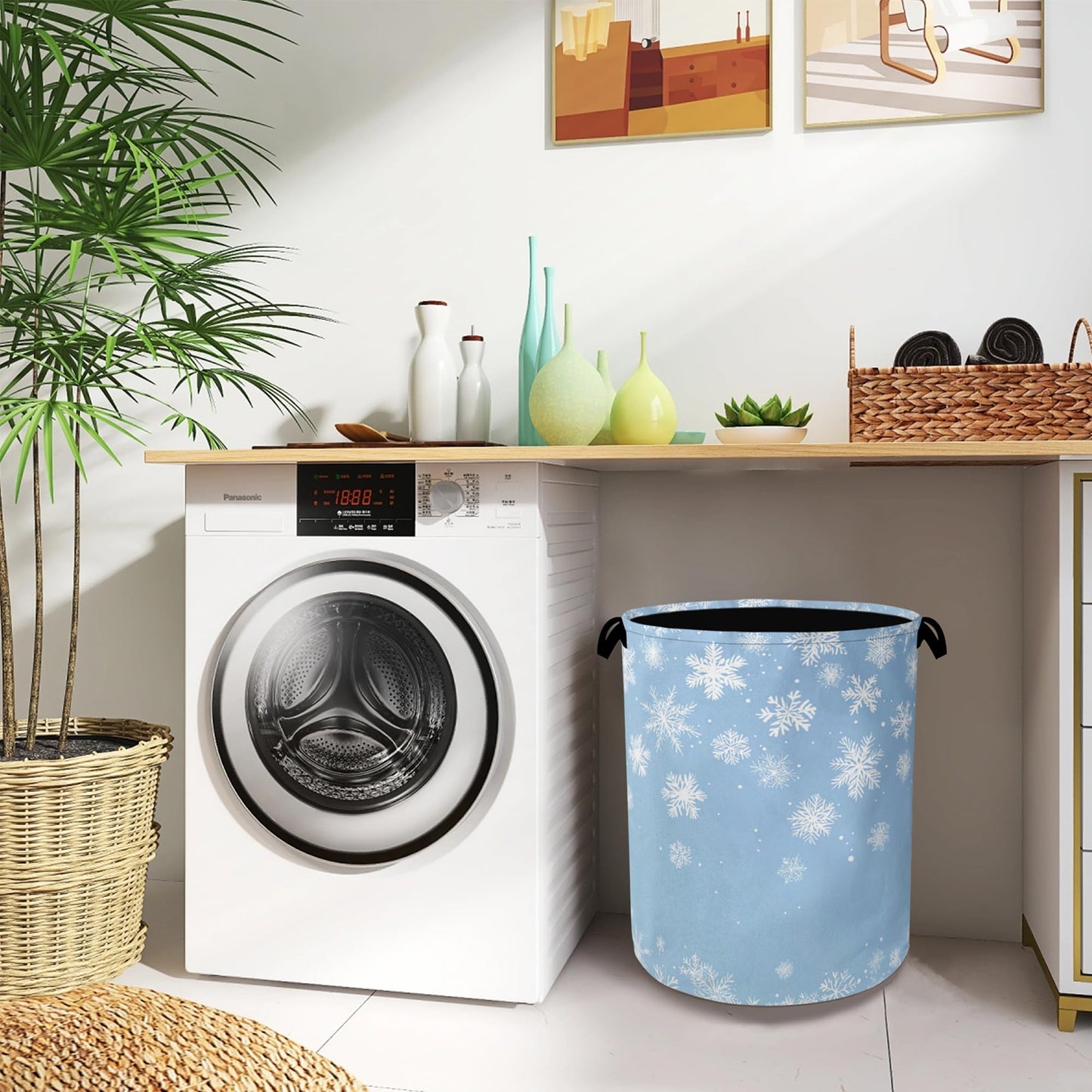 Snowflakes Christmas Laundry Basket,Oxford Cloth Laundry Hamper with Handle Foldable Portable Clothes Storage Basket for Bathroom Bedroom Dorm Room 16" x 20.8"