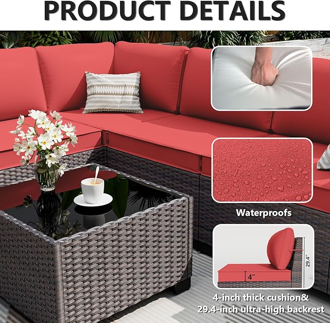 ALAULM 6 Pieces Patio Furniture Set, Oversized Seat/Armrest and High Back Wicker Sectional Furniture Set with Thick Cushion for Backyard, Garden, Red