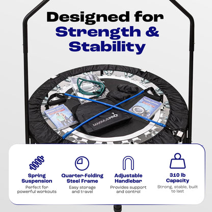 Maximus PRO Folding Rebounder Fitness Trampoline | Voted #1 Indoor Mini Exercise Trampoline for Adults with Bar | Best Home Gym for Fitness & Lose Weight | Free Storage Bag, Resistance Bands, Awesome