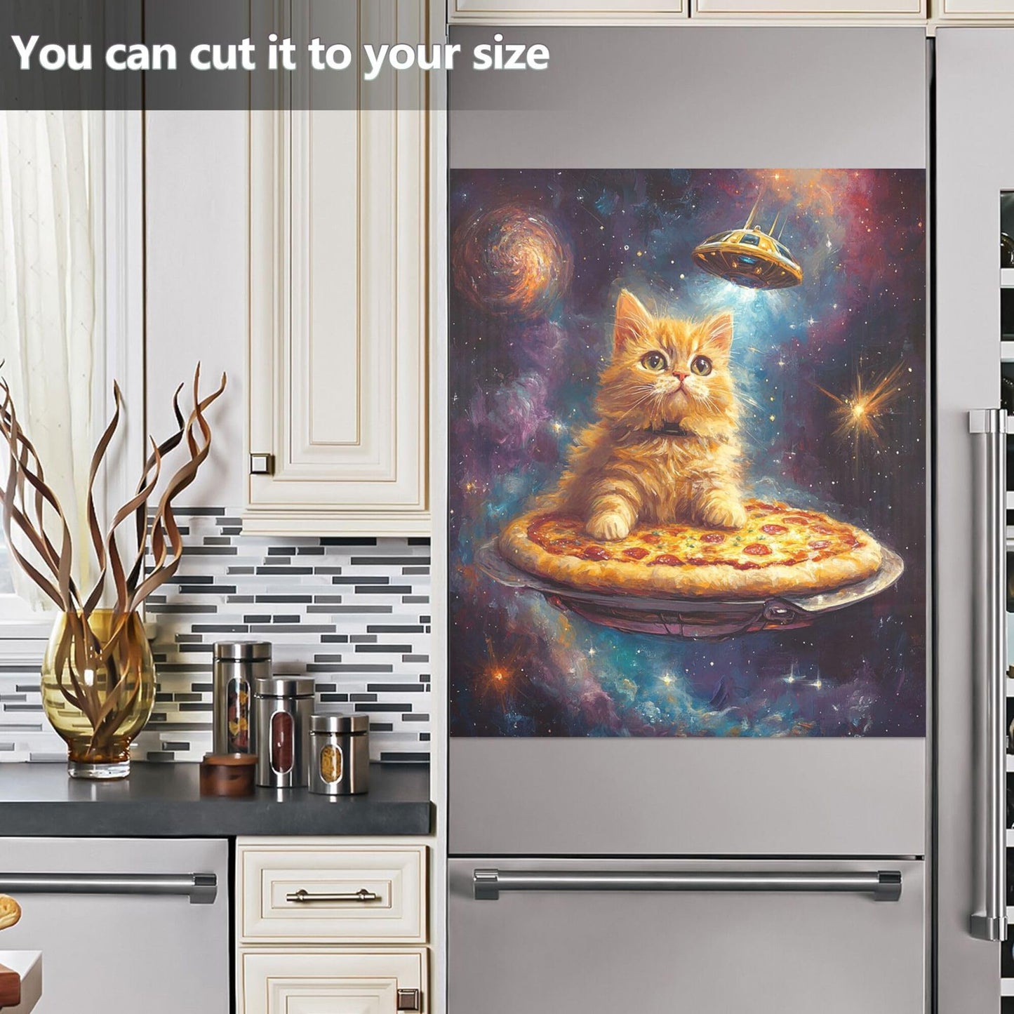 Pizza Cat Dishwasher Stickers Magnetic Cover Galaxy Space Stars Kitchen Fridge Magnet Covers Decals Home Decorations Vinyl Sticker Reusable 23W x 26H inches