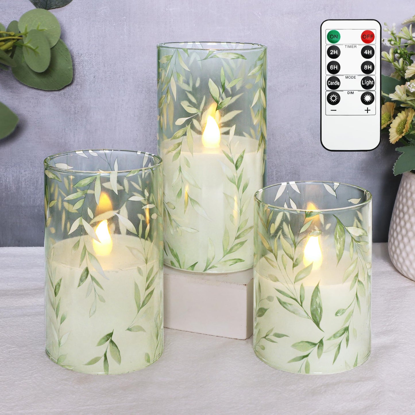 GORGE MOMENT Green Flameless Candles with Remote Willow Leaf Design Battery Operated Candles - Elegant Home Christmas Summer Decor Set of 3