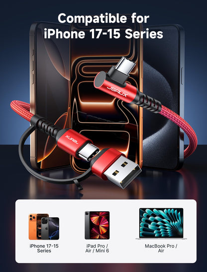 JSAUX 100W USB C Cable [2-Pack 10FT], Right Angle Fast Charging Cord with USB A to C Adapter for iPhone Air/iPhone 17/ iPhone 17 Pro/iPhone 17 Pro Max, iPhone 16/15, Samsung, MacBook, iPad - Red