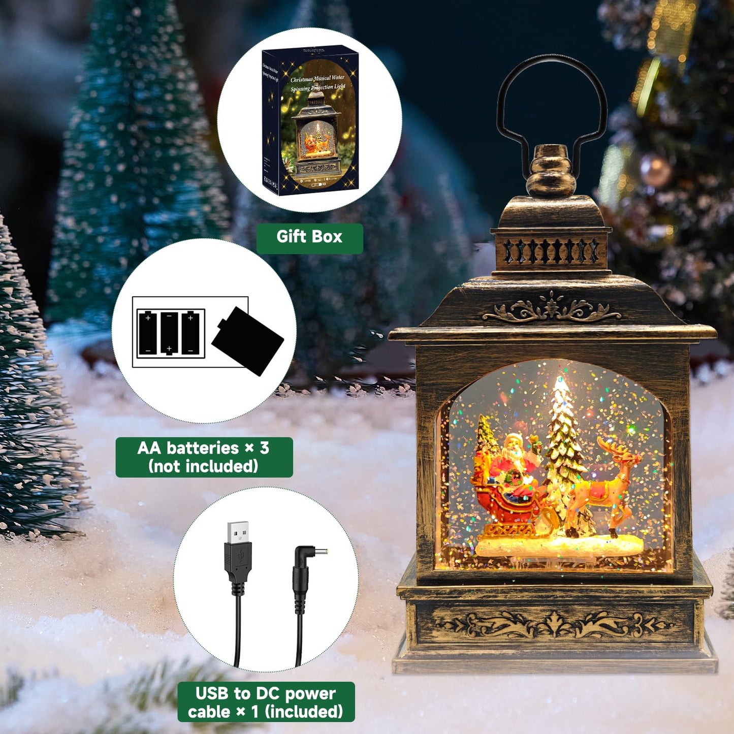 Christmas Snow Globes Lantern Water Swirling Glitter,with Santa Claus Projection/Auto 6H Timer/Music,Christmas Decorations Indoor Festival Home for Tabletop,USB/Battery Operated-Gifts for Kids Adults