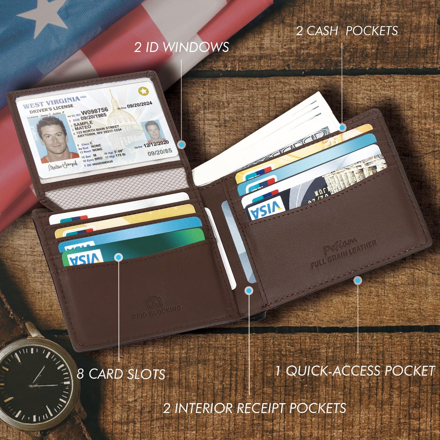 Pefiam Full Grain Leather Wallet for Men, RFID Blocking, Mens Wallet Bifold with 2 ID Windows, Billfold with 13 Card Slots, Leather Gift for Men, American Flag Wallet Red