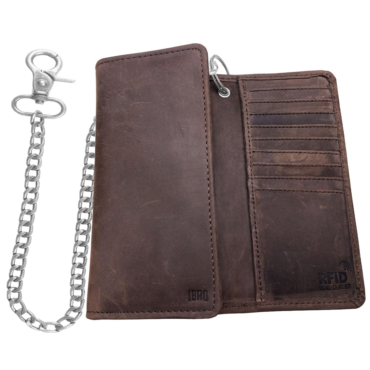 Motorcycle Chain Wallet for Men – Premium Cowhide Leather, RFID Tri-Fold Biker Wallet with Heavy Duty Chain for Bikers Truckers & Hunters, Credit Card Money Organizer Long Wallet Crazy Horse Brown