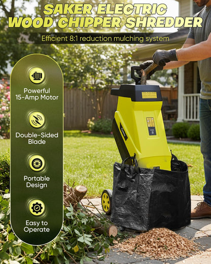 Saker Electric Wood Chipper Shredder 15-Amp Corded 1.8inch Cutting with Collection Bag Double-Sided Blade for Cutting Branches, Clippings, Yard Debris SK-TC110A