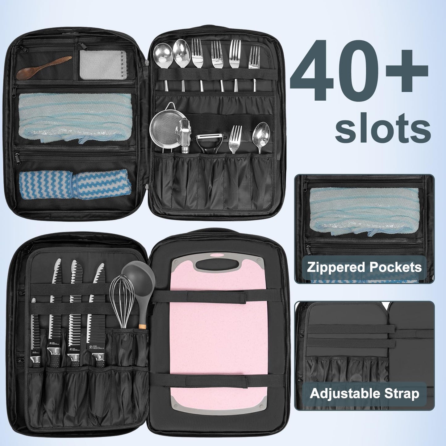 OUUTMEE Large Chef Knife Backpack, Knife Carrier Chef Utensil Case with Multiple Pockets and Slots, Knife Bags for Chefs Professional