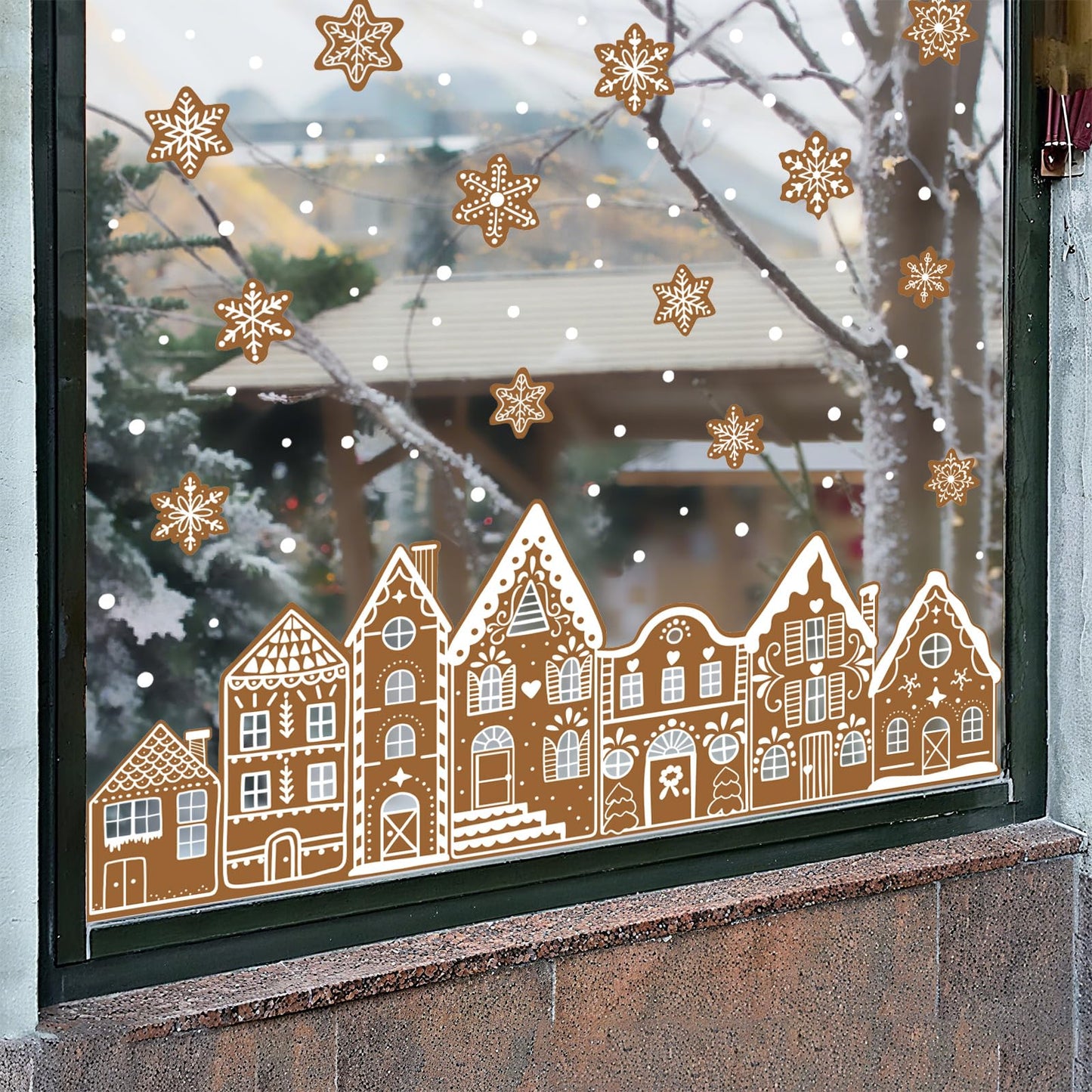 Whaline Christmas Gingerbread Window Cling Stickers Window Decals Brown Gingerbread House Snowflake Reusable Decoration for Xmas Winter Holiday Party Home Classroom, 2 Sheets