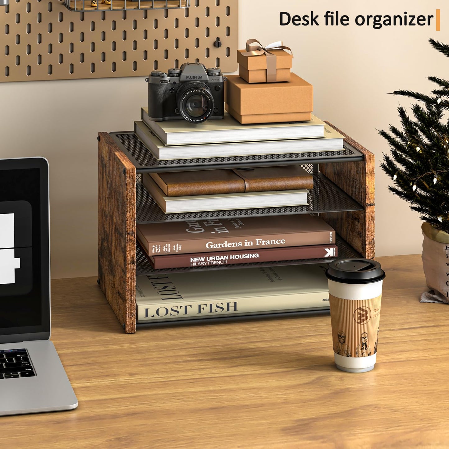 3-Tier Paper Letter Tray, Wooden Desk File Organizer, Stackable Metal Mesh Desk Organizer for Office Supplies. Small Paper Trays for Home Office School, Rustic Brown