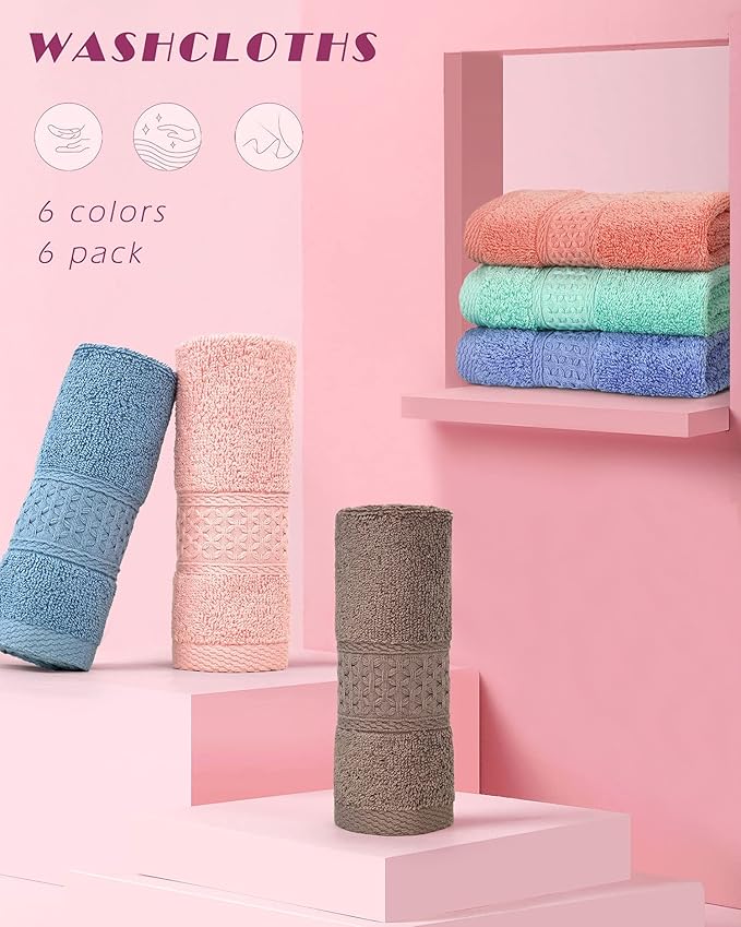 Cleanbear Face-Cloth Washcloths Set, 100% Cotton, High Absorbent, Size13