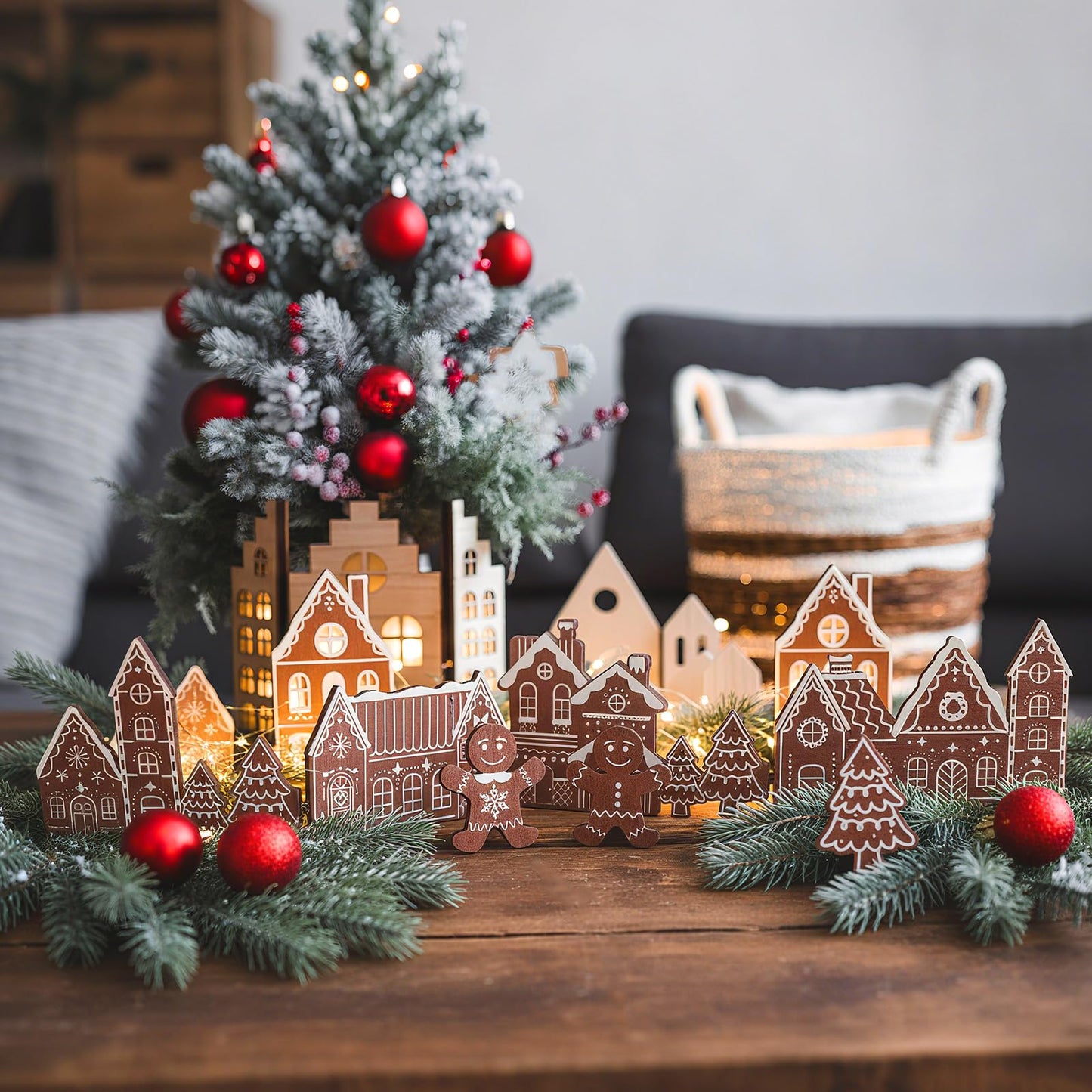 Colingmill 32 Inch Christmas Tabletop Decoration Wooden Christmas Gingerbread Man Themed Xmas Tree and House Signs Farmhouse Centerpiece Decor for Home Kitchen Table Shelf Decor