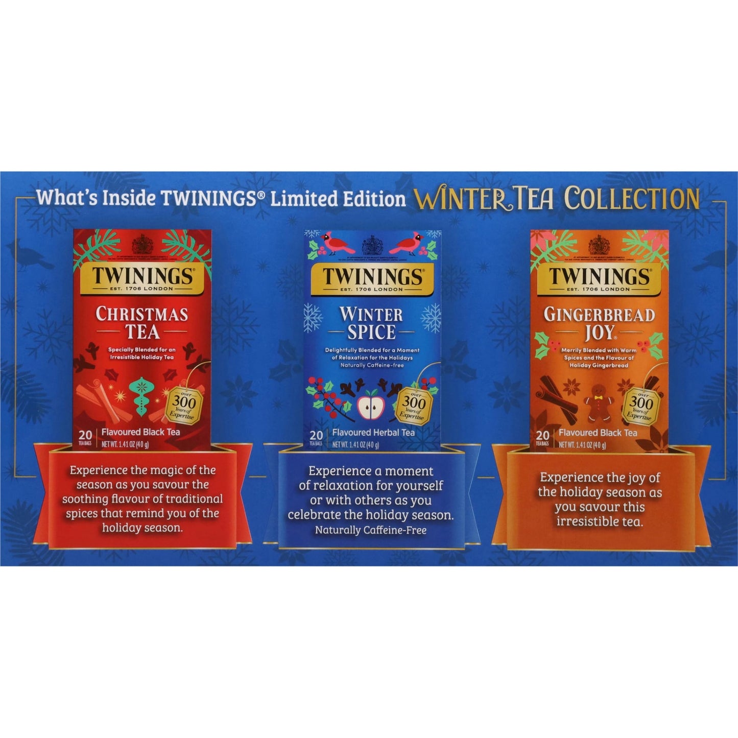 Twinings Winter Tea Collection, Limited Edition Holiday Gift Box, 20 Count (Pack of 3), Includes Christmas Tea, Winter Spice, and Gingerbread Joy, Enjoy Hot or Iced, 60 Teabags