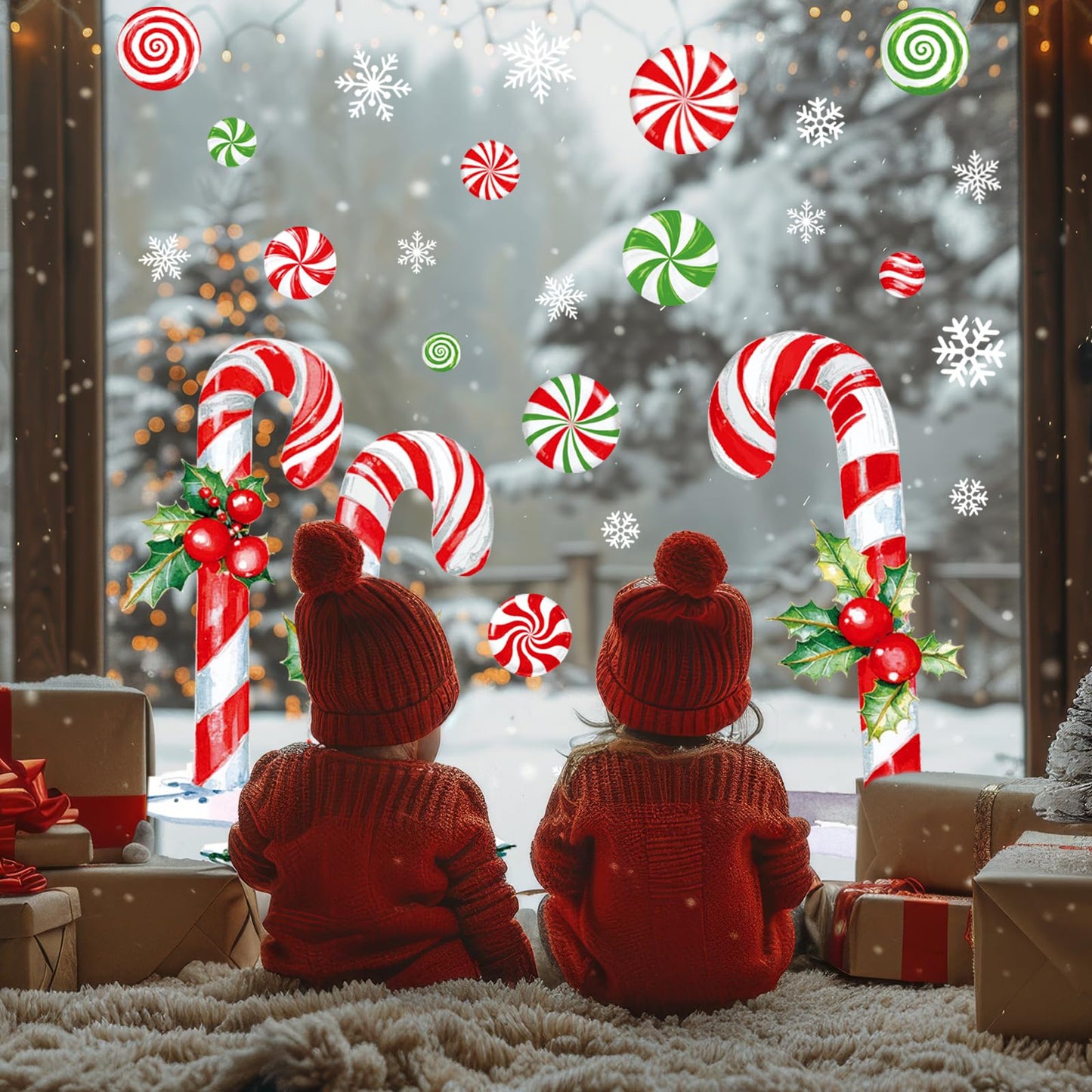 Whaline 13.8 x 35.4'' Extra Large Christmas Window Clings Red Green Candy Cane Holly Berry Window Stickers Double Sided Glass Decals for Winter Xmas Home Classroom Office Party Decoration, 3 Sheets