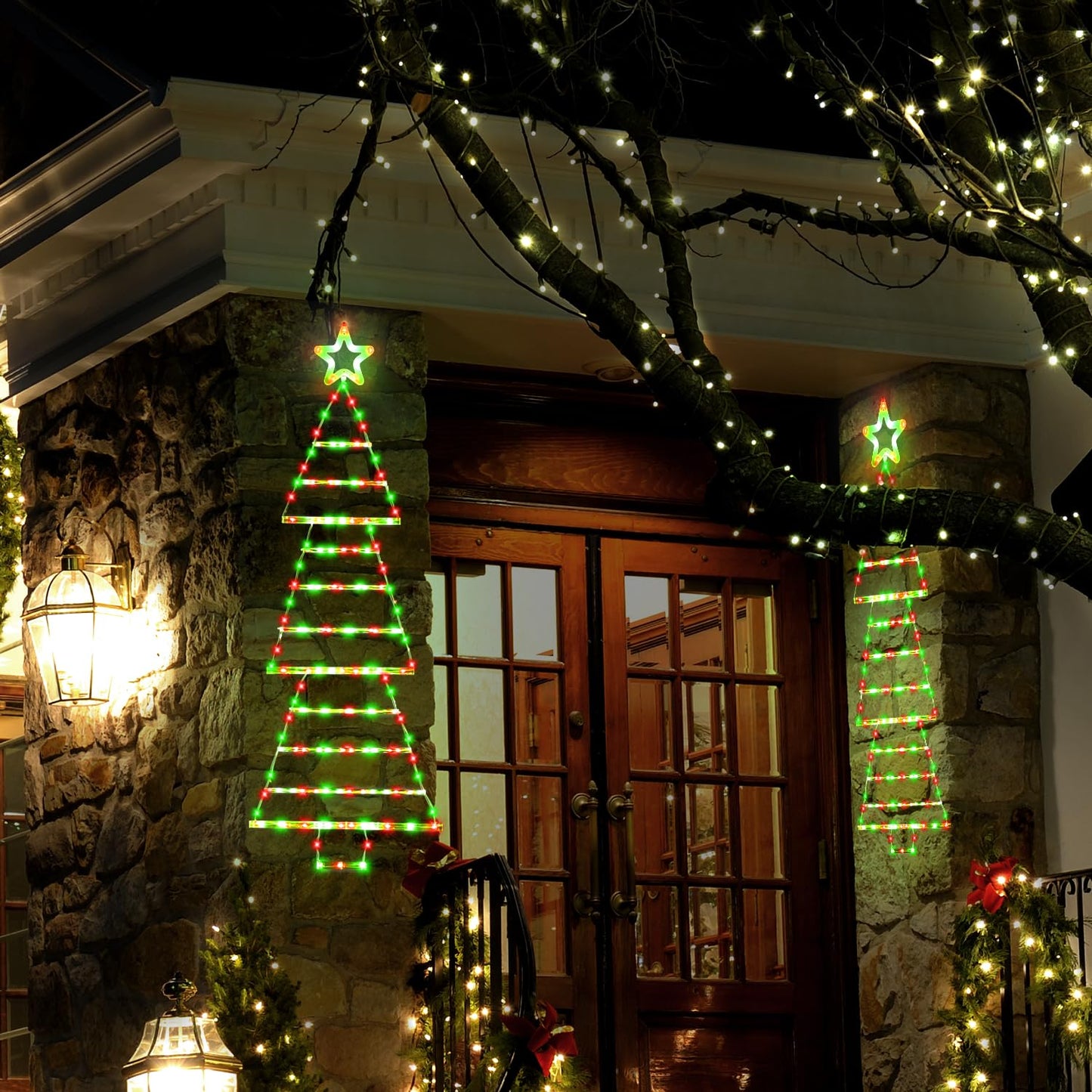 PUHONG (New) Christmas Ladder Lights, 4.6ft Christmas Decorations with Star Topper, Xmas Hanging Ornament with 8 Light Modes, LED Indoor String Lights for Doors, Walls and Windows - Red&Green