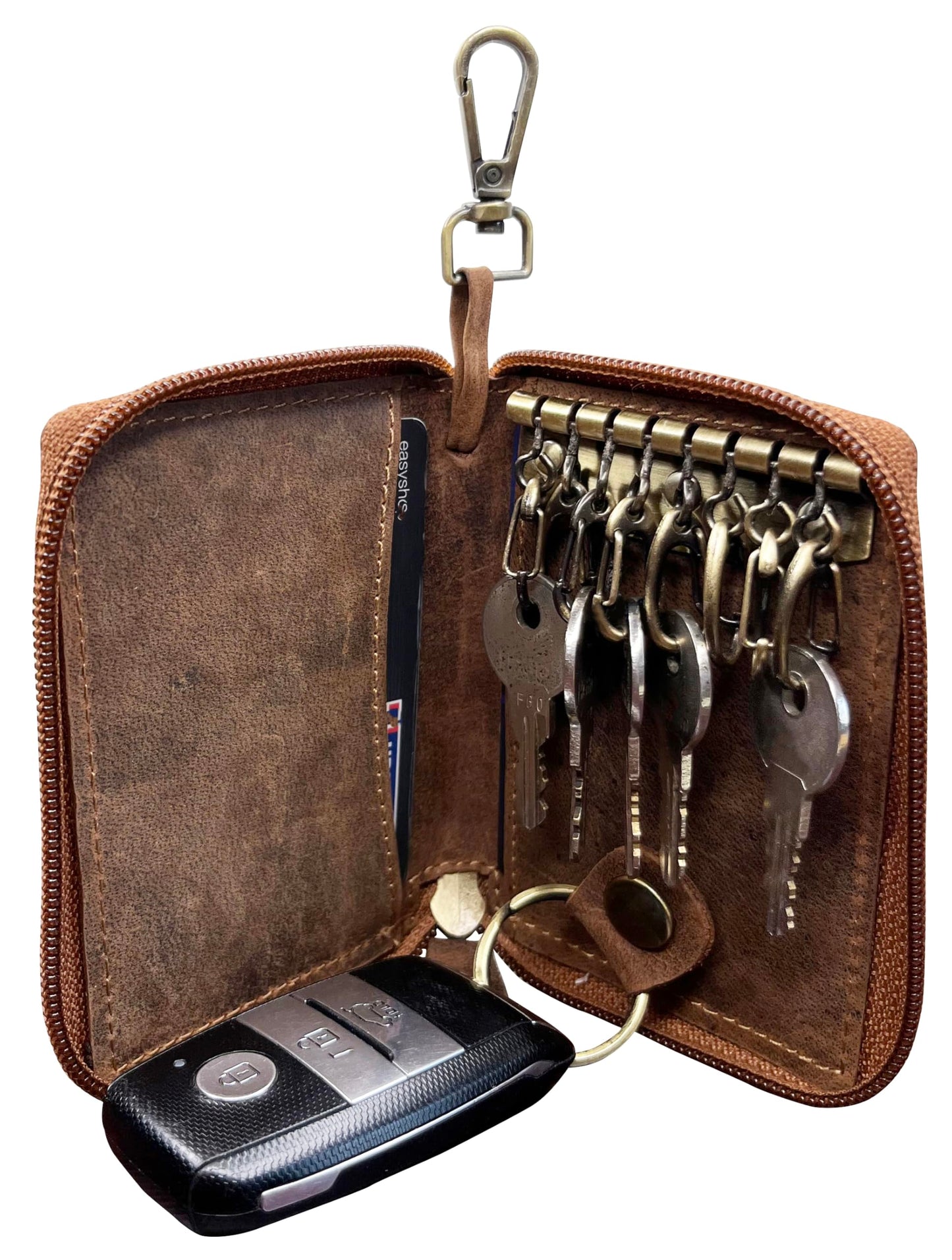 RUSTIC TOWN Leather Key Holder Case - Zippered Key Organizer Wallet with 8 Hooks for Keys, Cash, and Card - Gift for Men and Women
