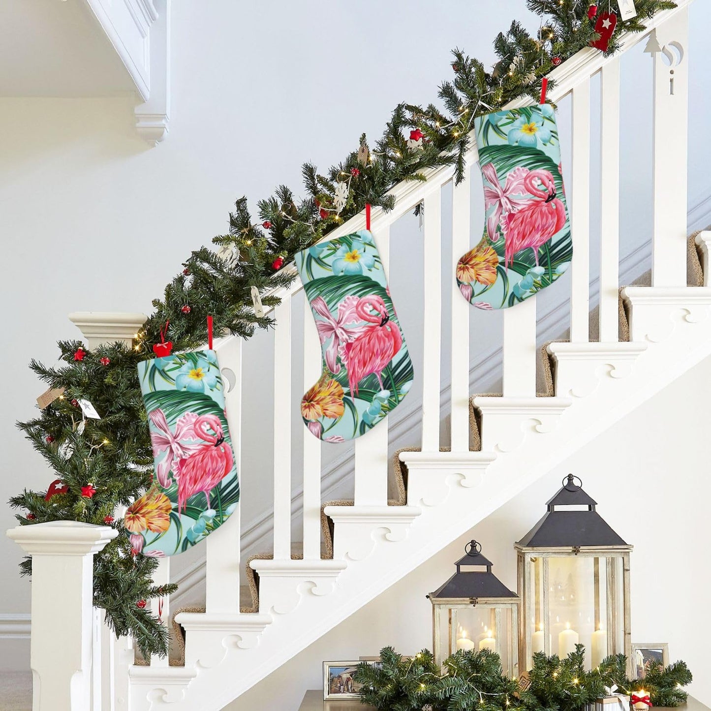 YETTA YANG Tropical Flamingo Flower Palm Tree Leaf Botanical 18 Inches Christmas Stocking Large Stocking Bags Hanging Socks for Christmas Decor Decorations