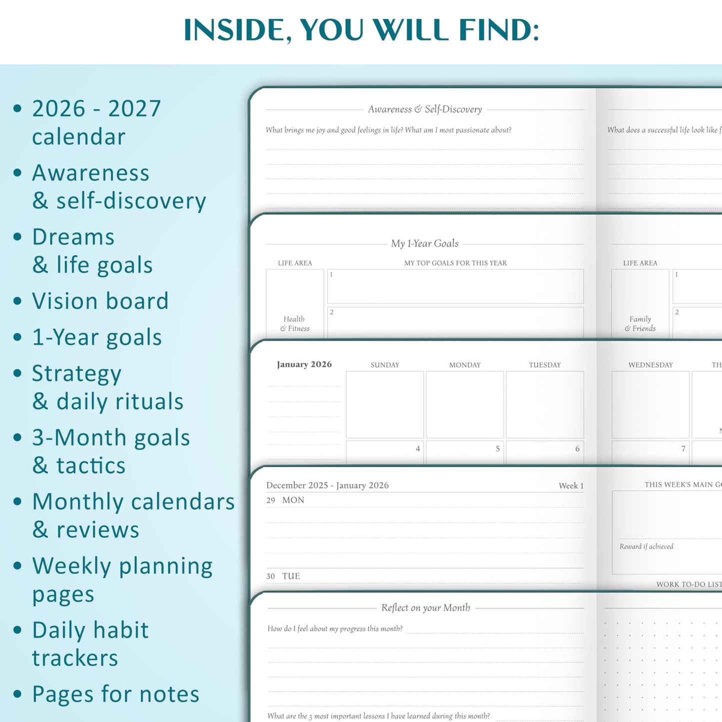 Legend Planner Jan 2026 – Jan 2027 Dated Weekly & Monthly Planner to Hit Your Goals, Increase Productivity & Live Happier. Organizer Notebook & Productivity Journal. A5 Hardcover (Dark Teal)