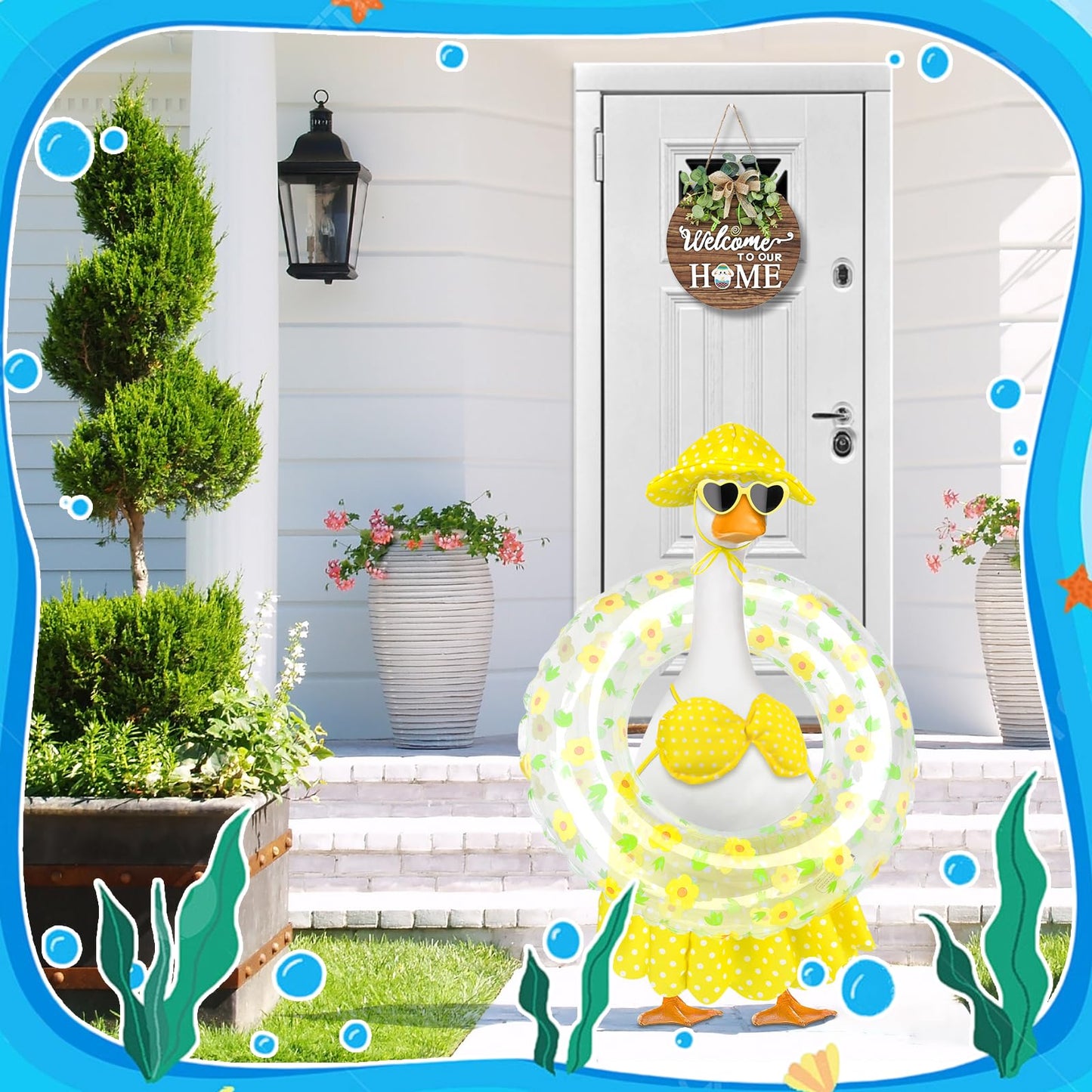 PaLuQiYa Hawaiian Goose Outfit with Sunglasses & Wreath,Porch Goose Outfits for 23" 17" Cement Plastic Goose Clothes Costumes,Garden Decor Duck Costume for Outdoor Statues(Bikini)