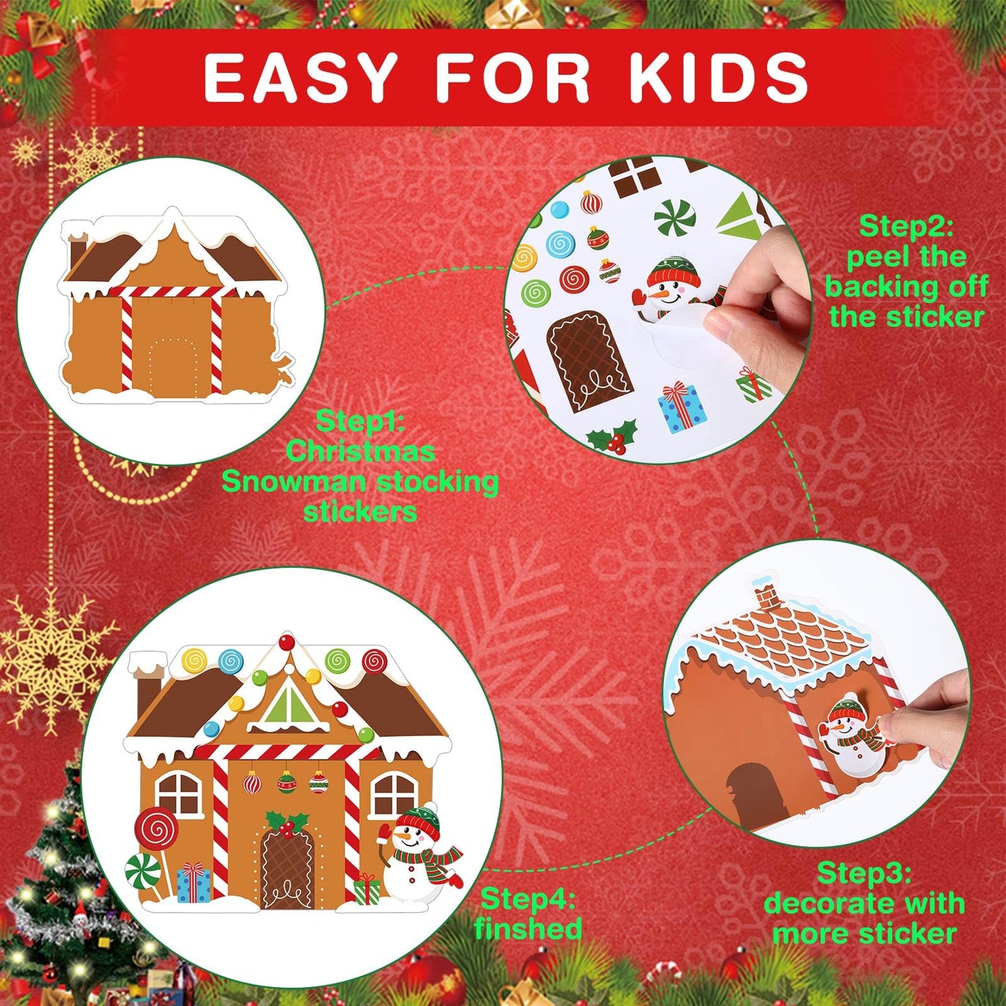 Pasimy Christmas Crafts Kits for Kids Xmas Gingerbread House Crafts DIY Christmas Tree Ornament Kit Make Your Own Gingerbread House Craft Stickers for Holiday Xmas Classroom Party Favors(48pcs)
