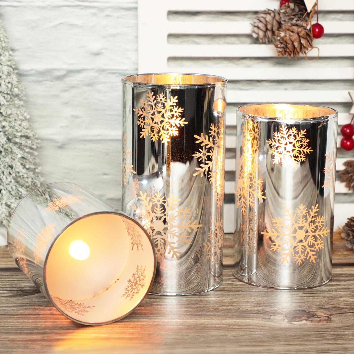 Crystal Club Christmas Flameless Candles with Remote, Set of 3, Snowflake Plating Battery Operated LED Candles, Glass Effect Pillar Candle Flickering with Remote for Home Decor