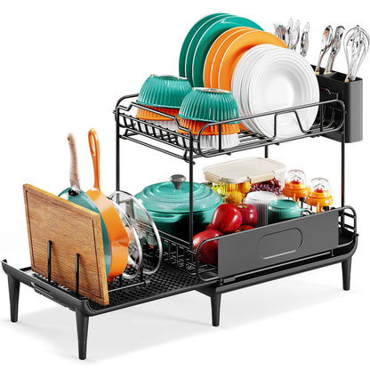 Extendable Dish Drying Rack for Kitchen Counter, Large Expandable Dish Rack with Multifunctional Drainboard for Pan Pot, Collapsible dish drainer, Foldable Plate Strainer for Home Countertop Storage