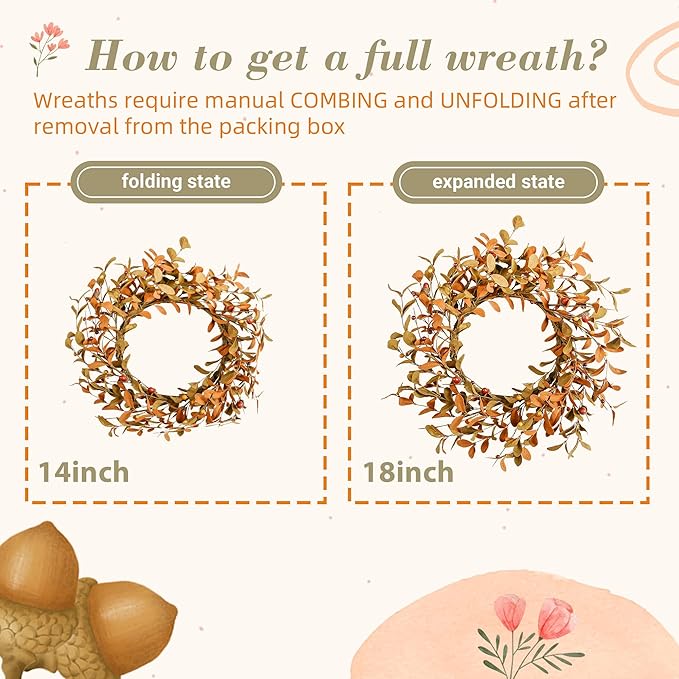 YNYLCHMX 18" Fall Wreaths for Front Door, Artificial Autumn Wreath, Fall Door Wreath with Brown Eucalyptus Leaves for Home Porch Window Wall Farmhouse Decor, Indoor Outdoor, Holiday Decor