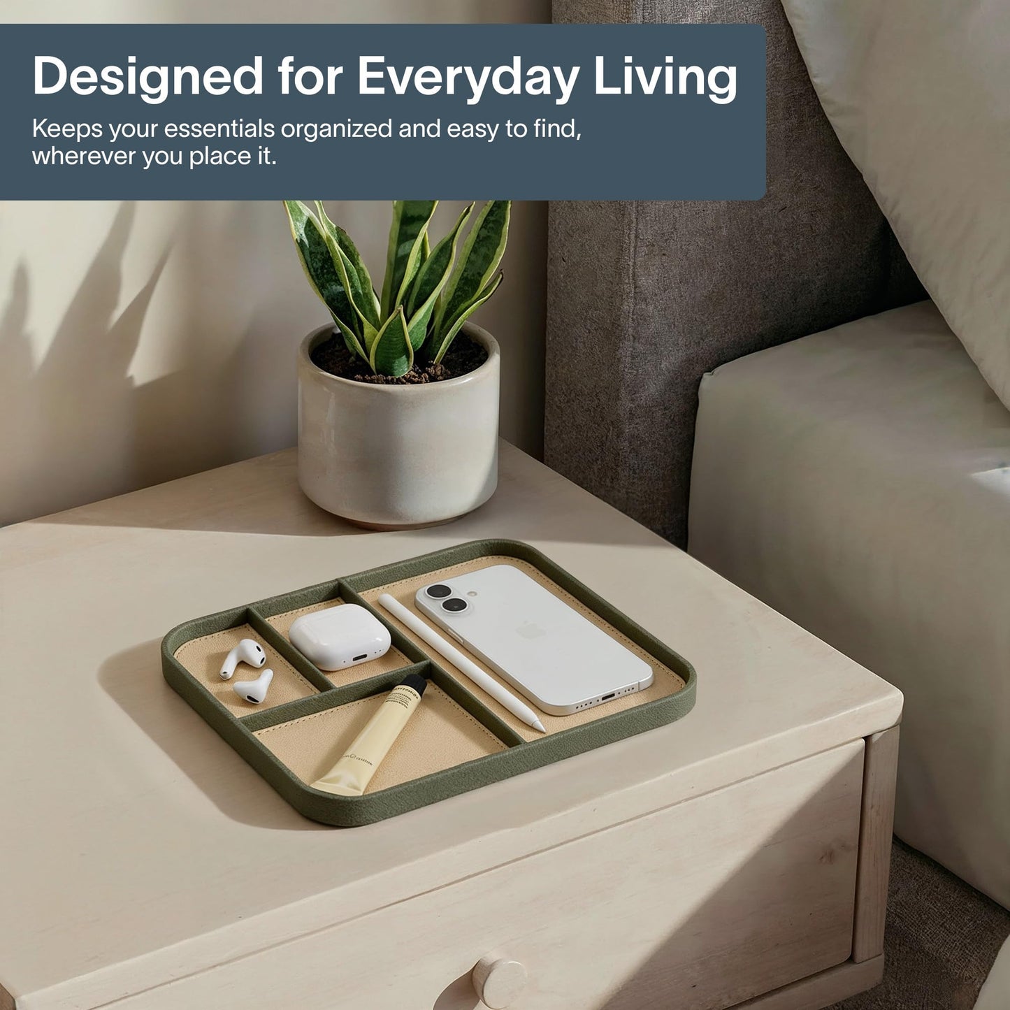 Nordik Leather Valet Tray - Moss Green - 9.5 x 7.9 Inch Medium Vegan Leather Tray - Stylish Nightstand Organizer for Men - Modern Bedside Caddy - EDC Catchall for Key Watch Wallet Jewellery