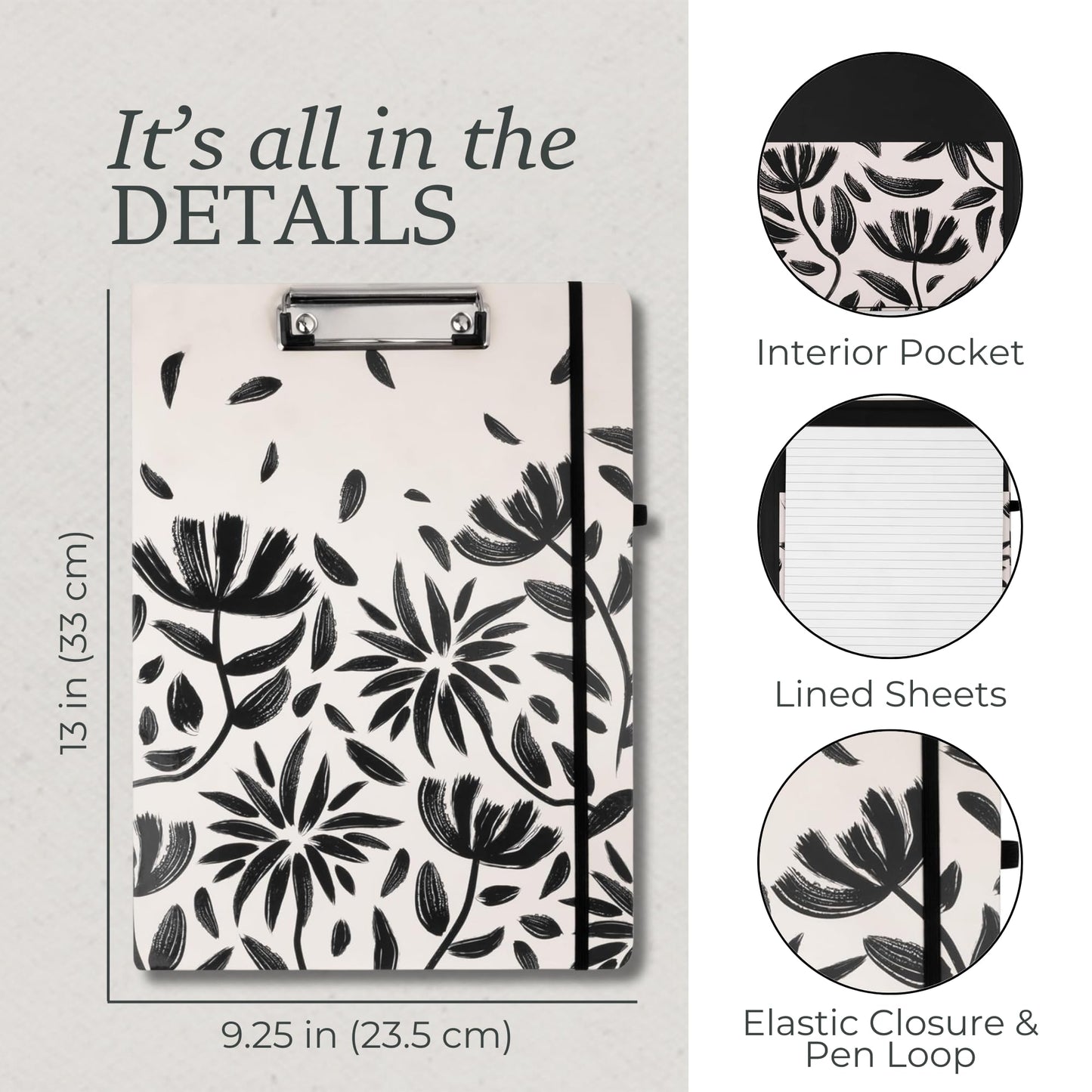 Steel Mill & Co Cute Clipboard Folio with Refillable Lined Notepad and Interior Storage Pocket, Padfolio for Work/Nursing/Teachers, Hand Drawn Black Floral