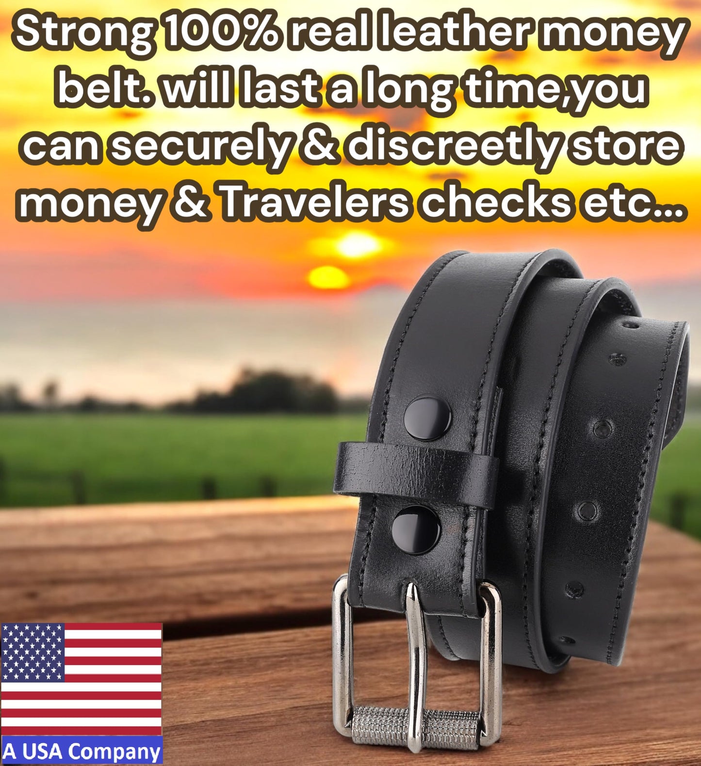 Men’s Money Full Grain leather Belt, Hidden zipper Pocket, USA,classic black,MB10,size 40