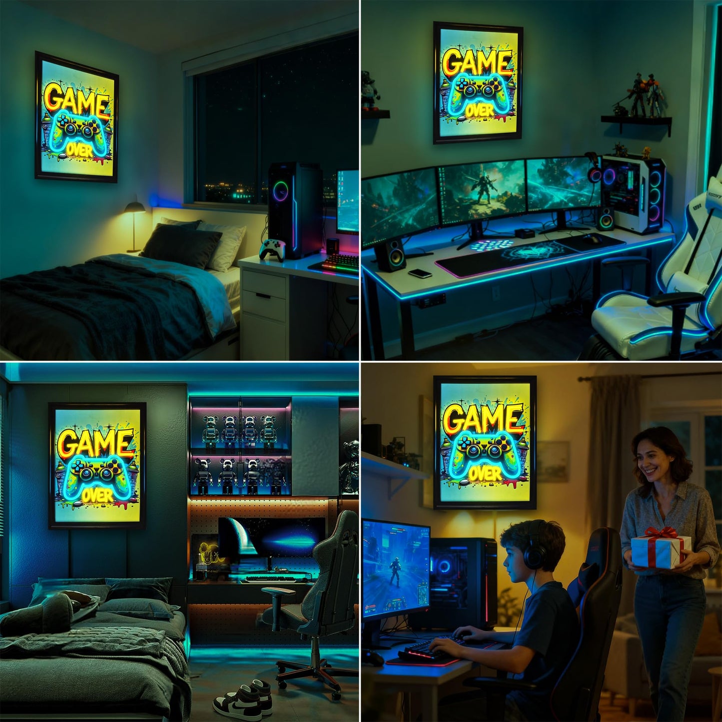 Gamer Neon Sign, Cool Gaming Wall Art Gamepad Shaped Dimmable Watercolor Posters Pictures Colorful Canvas Painting Prints Hang Neon for Wall, Bedroom, Game Room, Man Cave, Boys Birthday Christmas Gift (Gamer 1)