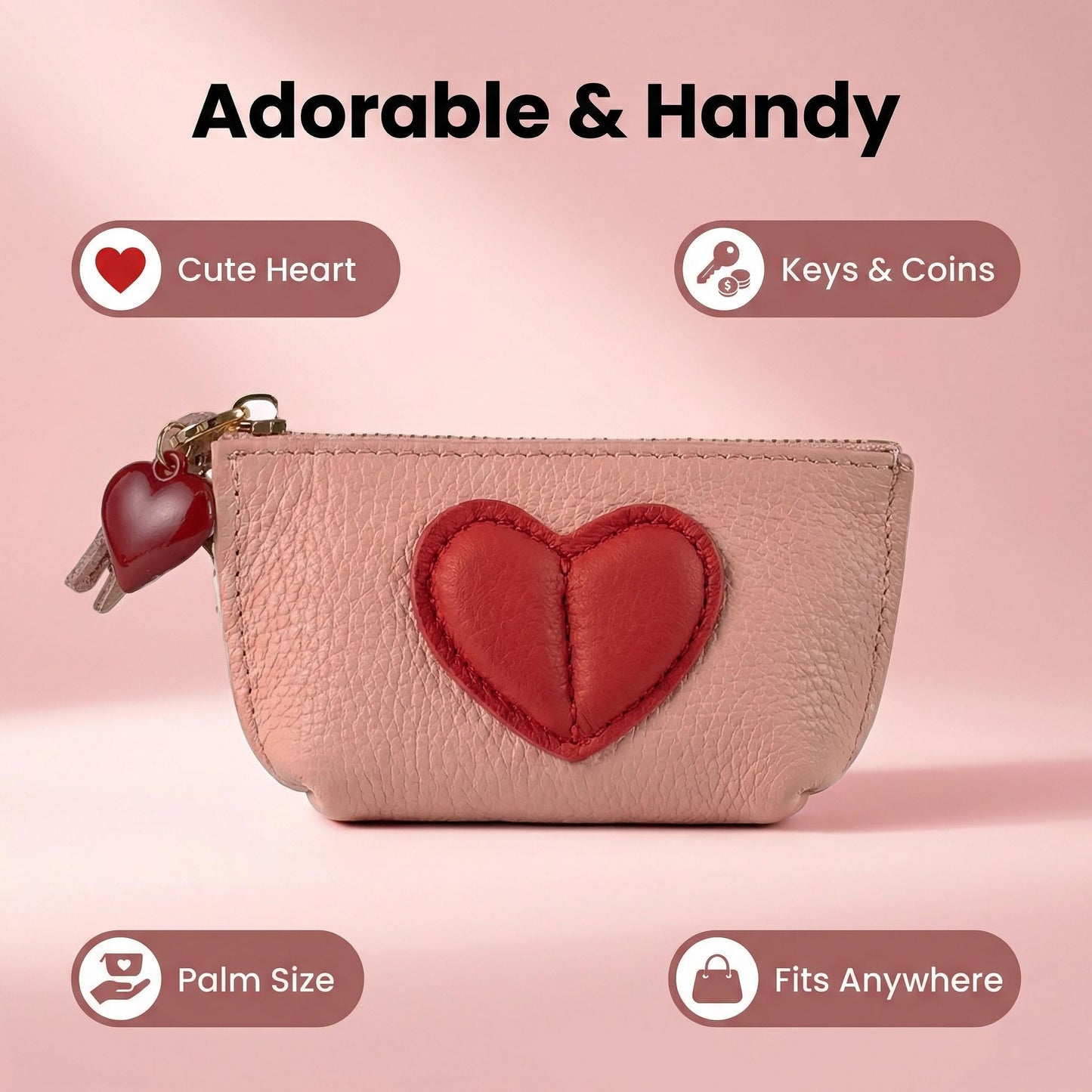 Red Heart Design Small Coin Purse - Cute Compact Keychain Change Purse Soft Leather Wallet with Zipper for Women (Pink)