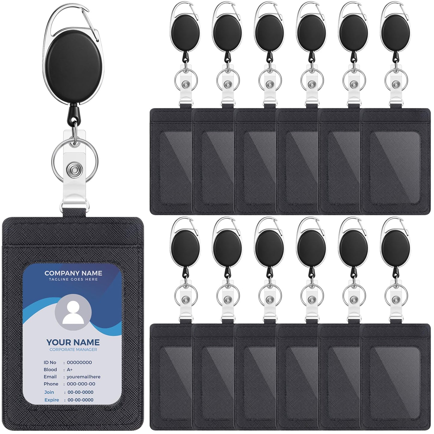 Dispowreath 12 Pack Badge Holders and Heavy Duty Retractable Reel Clips Set, Vertical Leather ID Badge Holders with Clear ID Window and Credit Card Slots for Keychain Key Card Nurse Office Credit