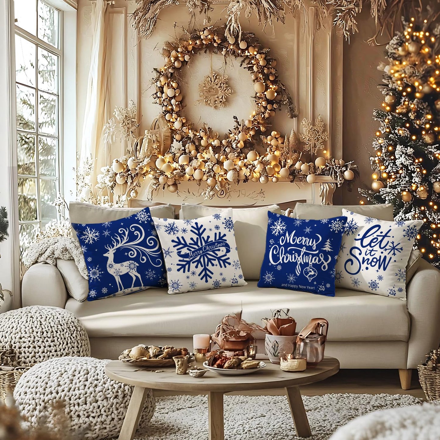 Artmag Merry Christmas Throw Pillow Covers 16x16 inch Snowflakes Let it Snow Moose Winter Holiday Blue Cushion Case for Coach Sofa Decorations Set of 4