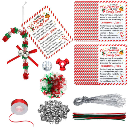JellyArch 24 Sets Story of Candy Cane Ornament Craft Jesus Religious Christmas Beaded Ornament Kit DIY Xmas Craft Gift 696 Beads 24 Cards 48 Bells 24 Chenille Stems 1 Ribbon for Tree Decor (Red,Green)