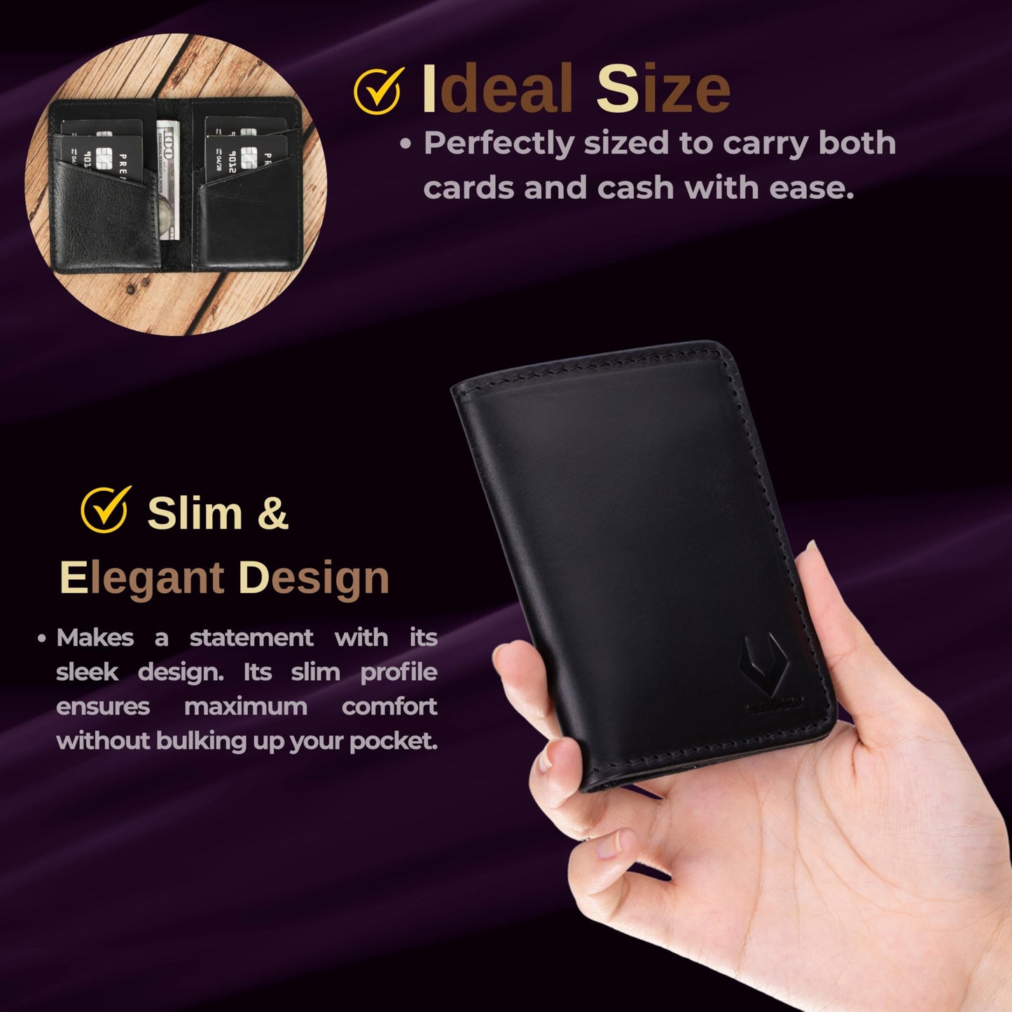 VENOULT Genuine Leather, Bi-fold Card Holder, Wallet with 4 Credit Card and 2 Cash Slots for Man or Women, (4.3 x 3.1 x 0.25 in), Slim Minimalist Design, Handcrafted (Rustic Black)
