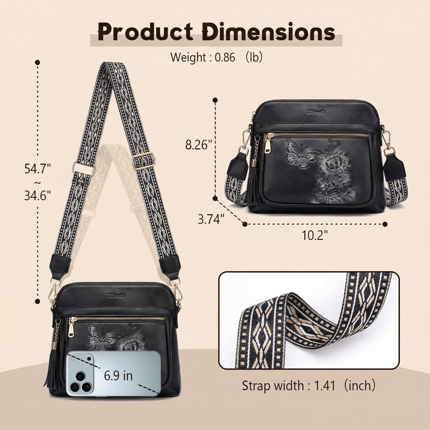 VIMUTI Crossbody Bags for Women Trendy, Lightweight Purses for Women Embossed Design Shoulder Handbags with Guitar Strap (Black)