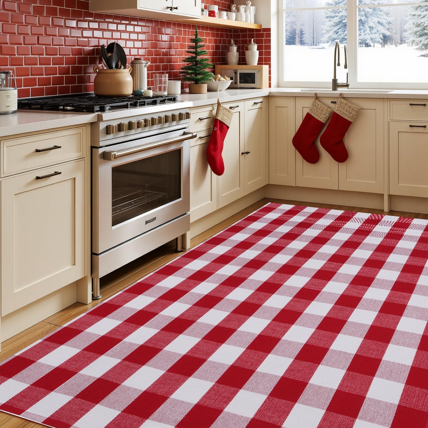Christmas Red and White Plaid Rug 5 x 7 Ft, Hand-Woven Indoor/Outdoor Layered Cotton Blend Buffalo Plaid Rug, Washable Front Door Mat, Perfect for Porch, Living Room, Entryway